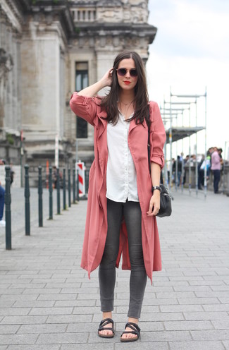 Women's Black Leather Flat Sandals, Charcoal Skinny Jeans, White Dress Shirt, Pink Duster Coat