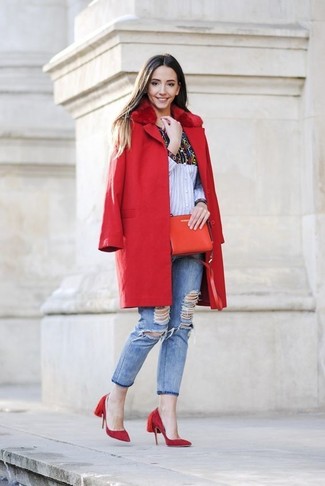 Women's Red Suede Pumps, Light Blue Ripped Skinny Jeans, Multi colored Print Dress Shirt, Red Fur Collar Coat