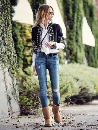 Women's Brown Uggs, Blue Ripped Skinny Jeans, White Dress Shirt, Black Embellished Open Jacket