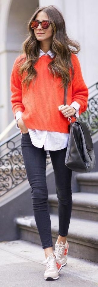 Red Knit Oversized Sweater with Beige Low Top Sneakers Outfits: 