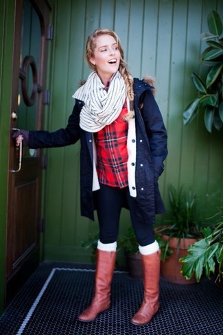 Tobacco Leather Knee High Boots Outfits: 