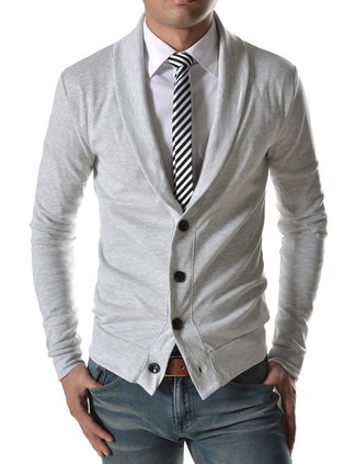 Men's Black and White Vertical Striped Tie, Grey Skinny Jeans, White Dress Shirt, Grey Shawl Cardigan