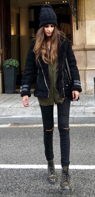Women's Olive Leather Lace-up Flat Boots, Black Ripped Skinny Jeans, Olive Dress Shirt, Black Shearling Jacket