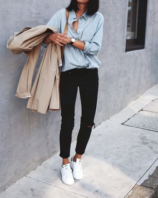 Black Ripped Skinny Jeans with Light Blue Chambray Dress Shirt Outfits: 