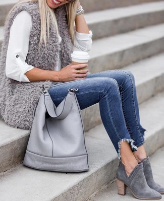Women's Grey Suede Ankle Boots, Blue Skinny Jeans, White Dress Shirt, Grey Fur Vest