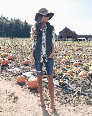 Women's Tan Suede Over The Knee Boots, Navy Ripped Skinny Jeans, White Check Dress Shirt, Dark Green Vest