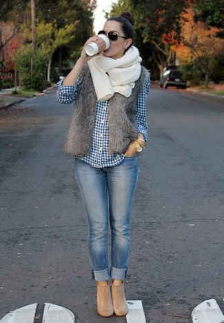 Women's Tan Suede Ankle Boots, Blue Skinny Jeans, Navy and White Gingham Dress Shirt, Grey Fur Vest
