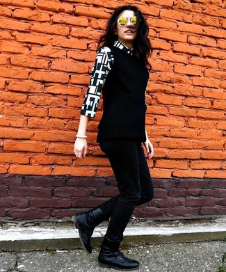 Women's Black Leather Lace-up Flat Boots, Black Skinny Jeans, Black and White Geometric Dress Shirt, Black Vest