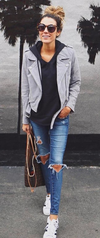 Grey Suede Biker Jacket Outfits For Women: 