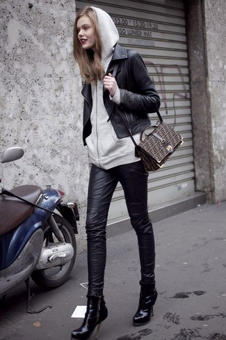 Women's Black Leather Ankle Boots, Black Leather Skinny Jeans, Grey Hoodie, Black Leather Biker Jacket