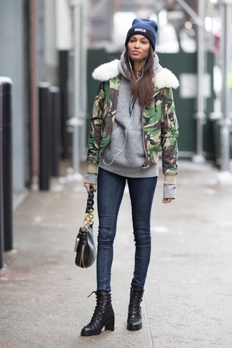 Women's Black Leather Lace-up Ankle Boots, Navy Skinny Jeans, Grey Hoodie, Green Camouflage Bomber Jacket