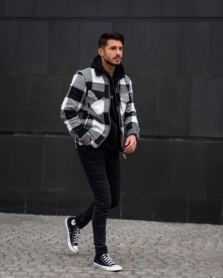 Men's Black and White Canvas High Top Sneakers, Black Skinny Jeans, Black Hoodie, Black and White Check Wool Harrington Jacket