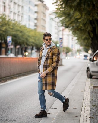 Men's Dark Brown Suede Casual Boots, Blue Ripped Skinny Jeans, Grey Print Hoodie, Yellow Plaid Overcoat