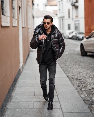 Men's Black Leather Chelsea Boots, Charcoal Ripped Skinny Jeans, Black Hoodie, Black Puffer Jacket