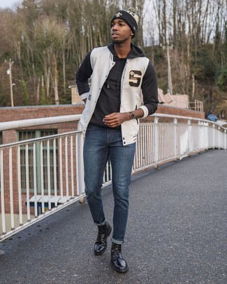 White and Navy Varsity Jacket Outfits For Men: 