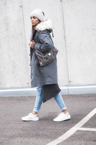 Women's White Leather Low Top Sneakers, Light Blue Ripped Skinny Jeans, Charcoal Long Cardigan, Grey Parka