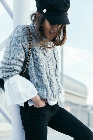 Charcoal Knit Cable Sweater Outfits For Women: 