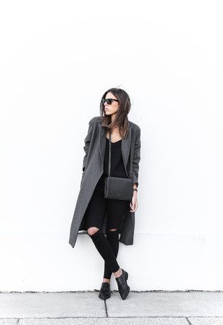 Women's Black Leather Loafers, Black Ripped Skinny Jeans, Black Long Sleeve Blouse, Grey Coat