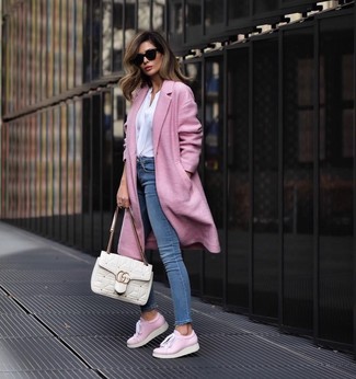 Women's Pink Leather Low Top Sneakers, Blue Skinny Jeans, White Long Sleeve Blouse, Pink Coat