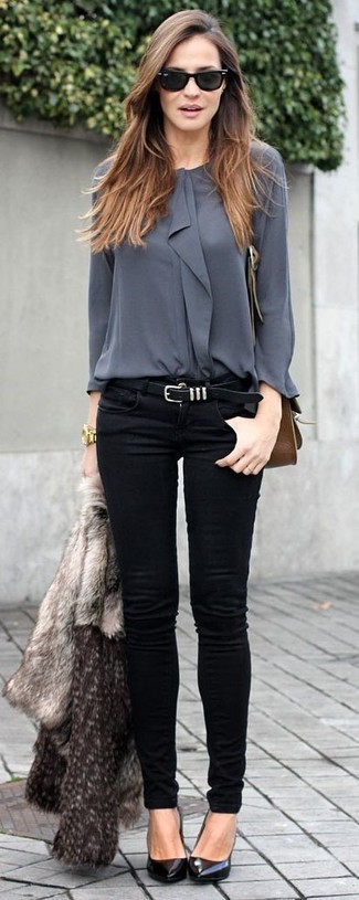Charcoal Long Sleeve Blouse Outfits: 