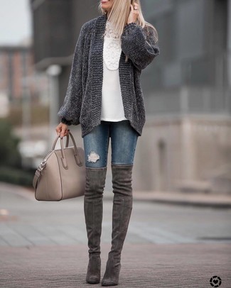 Charcoal Suede Over The Knee Boots Casual Outfits: 