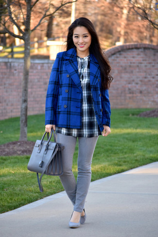 Blue Plaid Pea Coat Outfits For Women: 