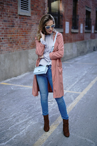 Women's Dark Brown Suede Ankle Boots, Blue Skinny Jeans, Light Violet Long Sleeve Blouse, Pink Lightweight Trenchcoat