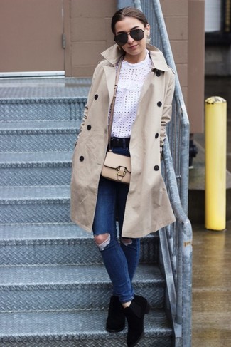 Women's Black Suede Chelsea Boots, Blue Ripped Skinny Jeans, White Eyelet Long Sleeve Blouse, Beige Trenchcoat