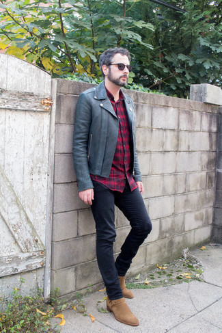 Charcoal Biker Jacket with Skinny Jeans Outfits For Men: 