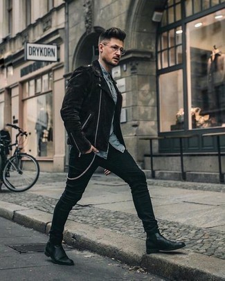 Black Suede Biker Jacket Outfits For Men: 