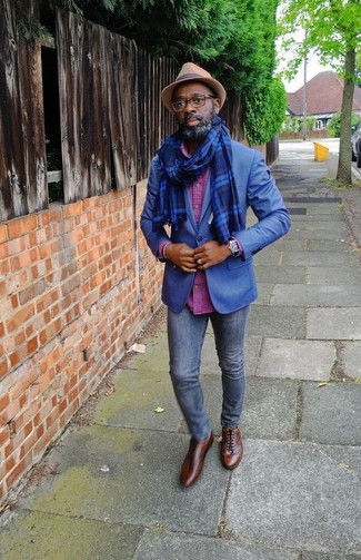 Men's Brown Leather Oxford Shoes, Navy Skinny Jeans, Hot Pink Check Long Sleeve Shirt, Blue Blazer