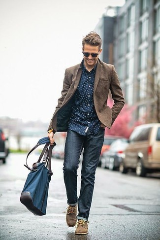 Dark Brown Wool Blazer with Navy Skinny Jeans Outfits For Men: 