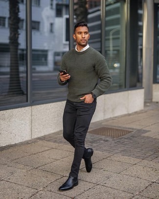 White Long Sleeve Shirt with Teal Crew-neck Sweater Outfits For Men: 