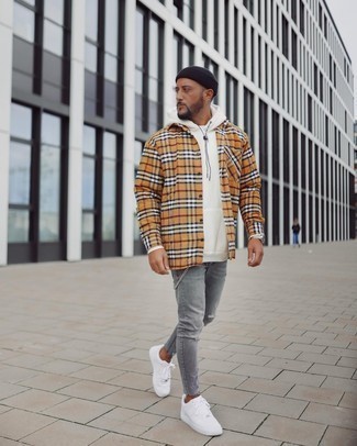 Brown Plaid Long Sleeve Shirt Outfits For Men: 