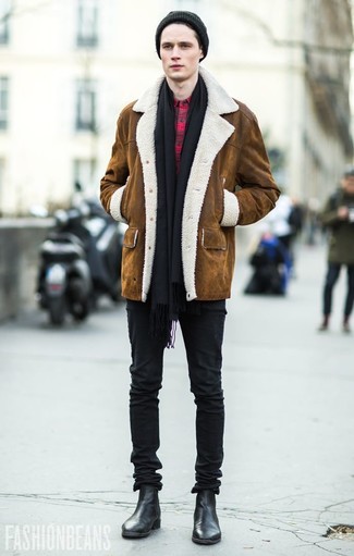 Men's Black Leather Chelsea Boots, Black Skinny Jeans, Red and Black Plaid Long Sleeve Shirt, Brown Shearling Coat
