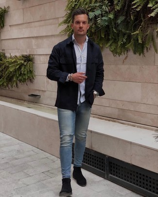 Men's Black Suede Chelsea Boots, Light Blue Ripped Skinny Jeans, White Vertical Striped Long Sleeve Shirt, Navy Shirt Jacket
