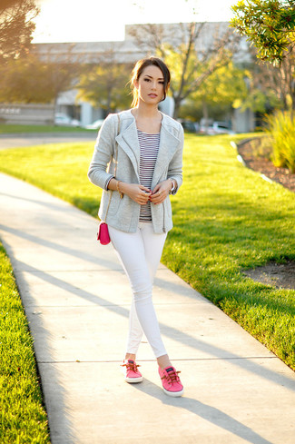 Women's Hot Pink Low Top Sneakers, White Skinny Jeans, White and Black Horizontal Striped Long Sleeve T-shirt, Grey Wool Biker Jacket