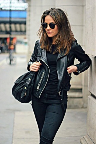 Women's Black Leather Tote Bag, Black Skinny Jeans, Black Long Sleeve T-shirt, Black Leather Biker Jacket