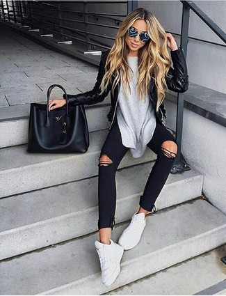 Women's White Athletic Shoes, Black Ripped Skinny Jeans, Grey Long Sleeve T-shirt, Black Quilted Leather Biker Jacket