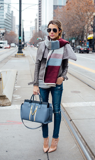 Light Blue Leather Tote Bag Outfits: 