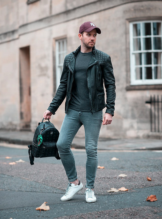 Men's White Leather Low Top Sneakers, Grey Skinny Jeans, Charcoal Long Sleeve T-Shirt, Black Leather Biker Jacket