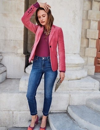 Hot Pink Velvet Blazer Outfits For Women: 
