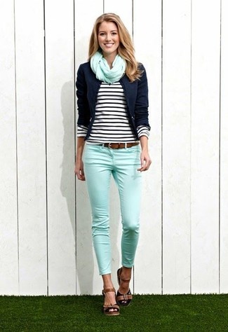 Women's Brown Leather Heeled Sandals, Mint Skinny Jeans, Black and White Horizontal Striped Long Sleeve T-shirt, Navy Blazer