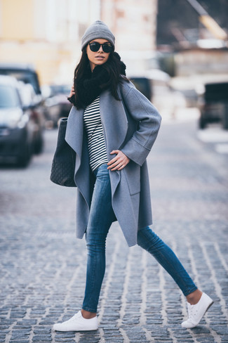 Grey Coat with Long Sleeve T-shirt Outfits For Women: 