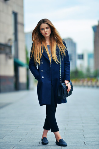 Black Loafers with Coat Outfits For Women: 