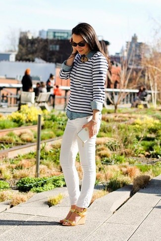 White and Navy Horizontal Striped Long Sleeve T-shirt Outfits For Women: 