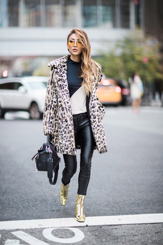 Women's Gold Leather Ankle Boots, Black Leather Skinny Jeans, White and Black Long Sleeve T-shirt, Beige Leopard Fur Coat