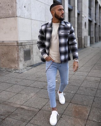 Men's White Canvas Low Top Sneakers, Light Blue Skinny Jeans, Beige Long Sleeve T-Shirt, Black and White Check Wool Harrington Jacket