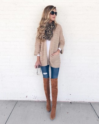 Women's Tobacco Suede Over The Knee Boots, Blue Ripped Skinny Jeans, White Long Sleeve T-shirt, Tan Knit Open Cardigan