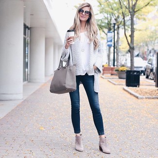 Women's Grey Suede Ankle Boots, Navy Skinny Jeans, White Long Sleeve T-shirt, White Knit Open Cardigan